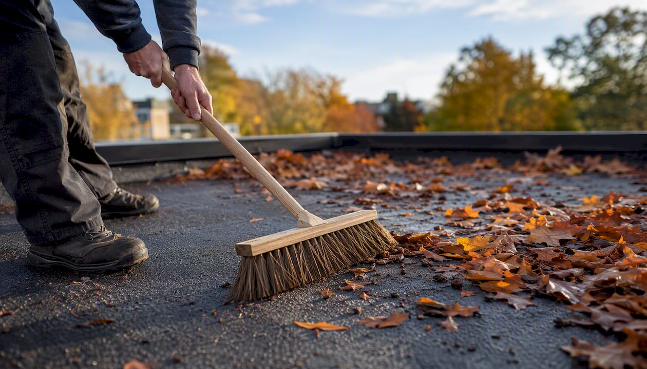 Met de hand bladeren van het EPDM-dak vegen.
