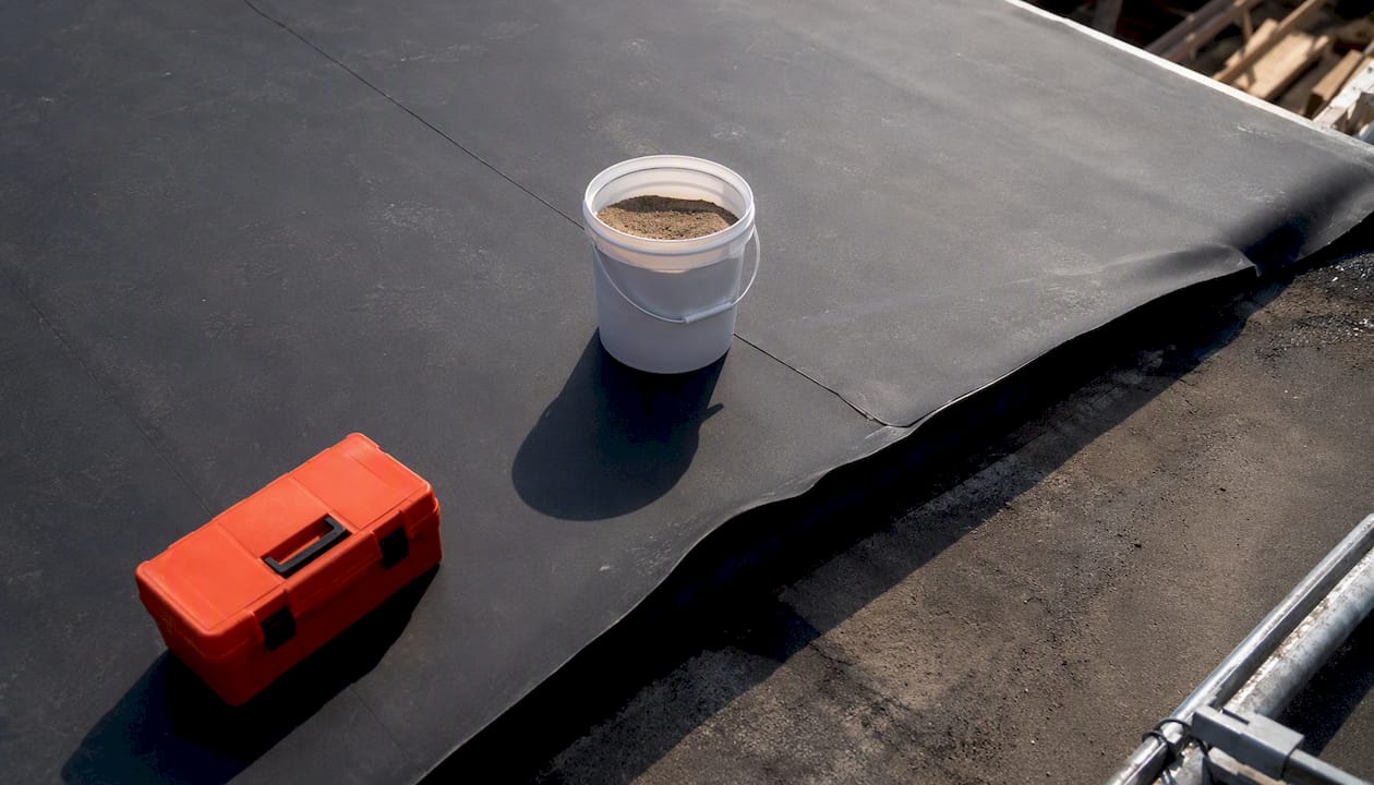 Verzwaarde randen van EPDM-folie op een plat dak