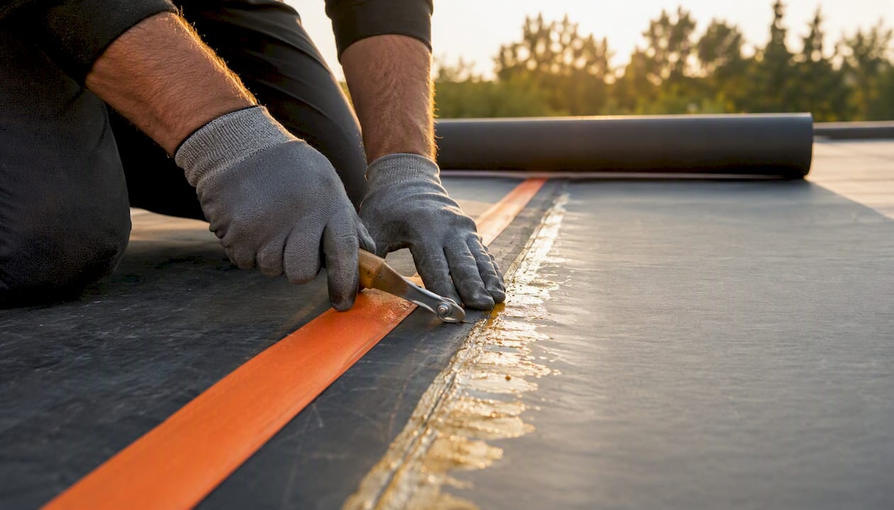 Handen brengen lijm aan langs de rand van een EPDM-dak.