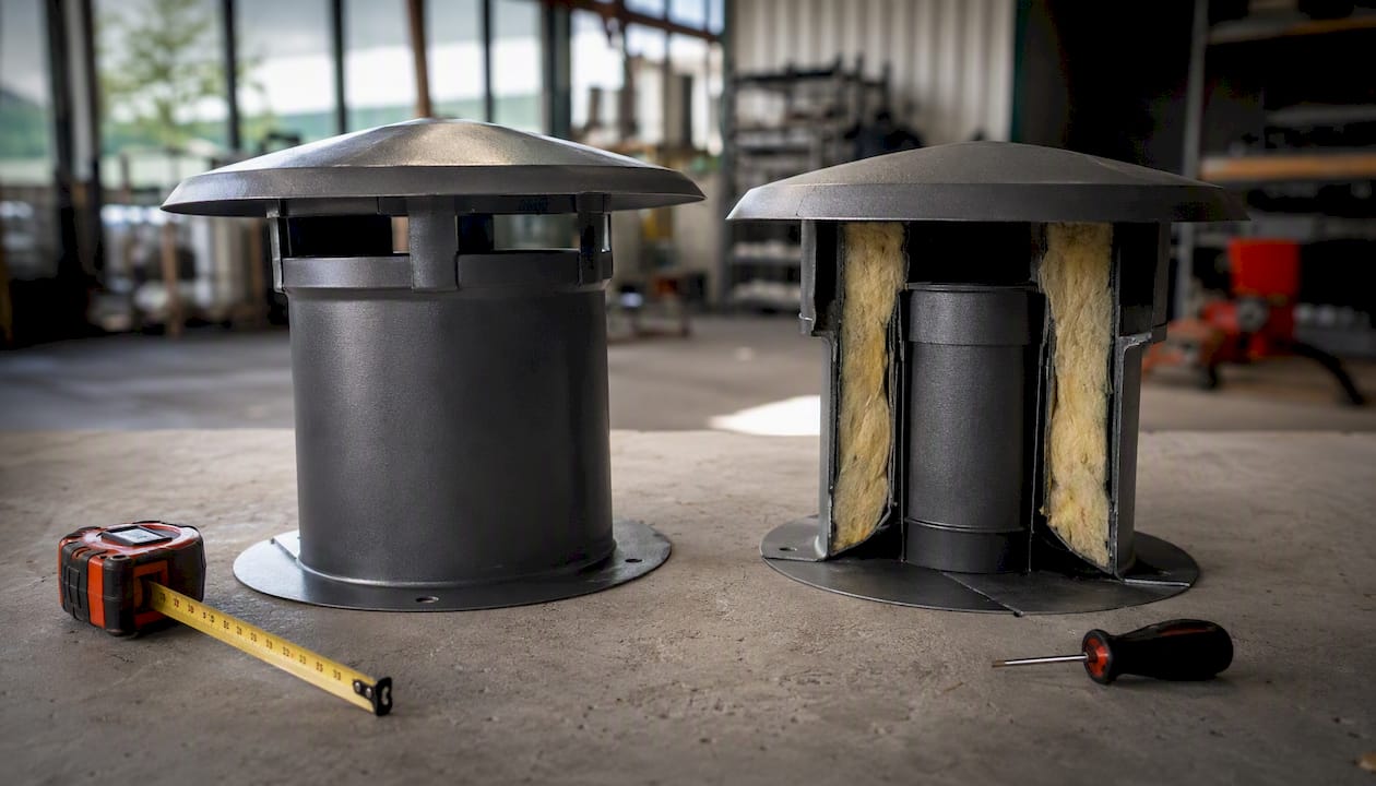 Enkel- en dubbelwandige ventilatiekanalen voor platte daken naast elkaar geplaatst