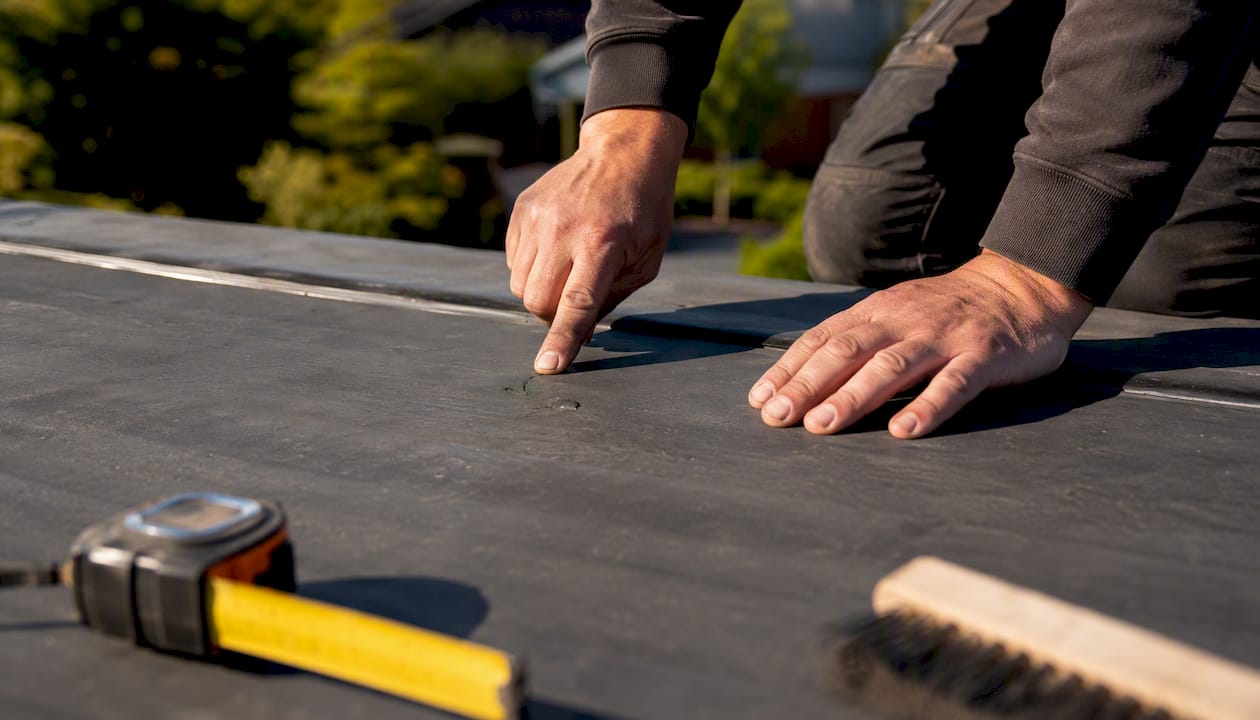 Handen controleren schade aan een EPDM-dak