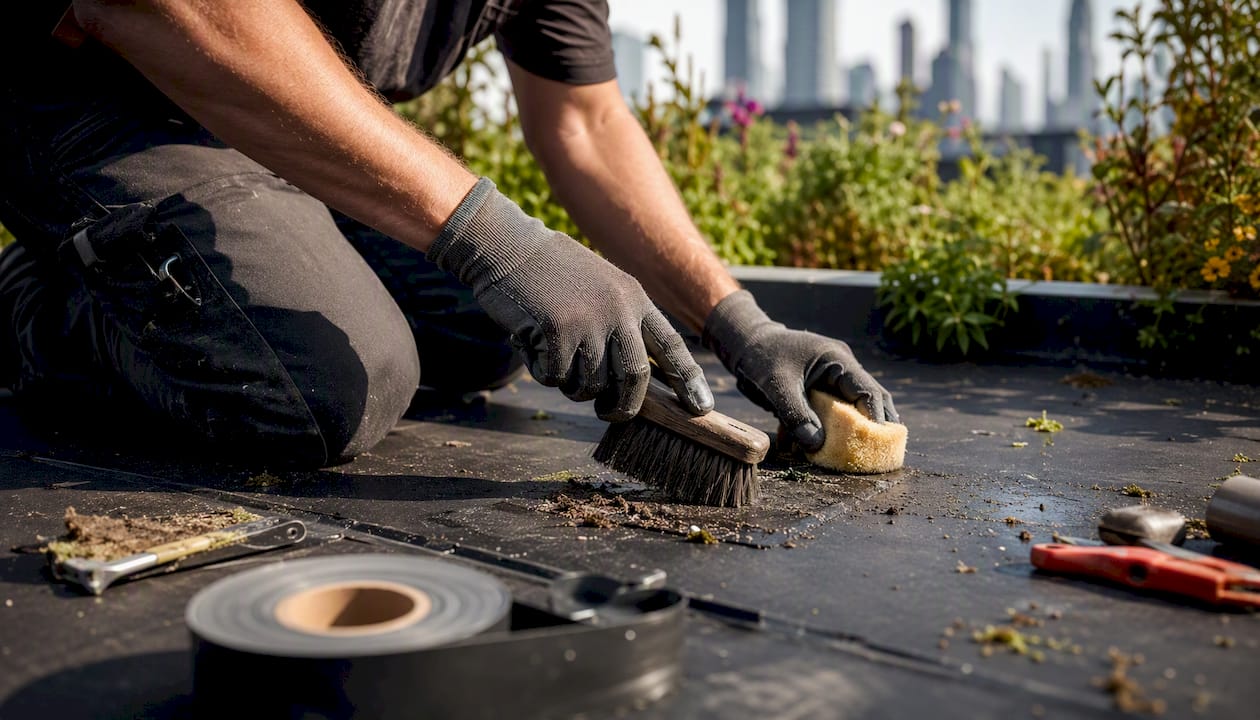 EPDM dak zorgvuldig met de hand schoonmaken