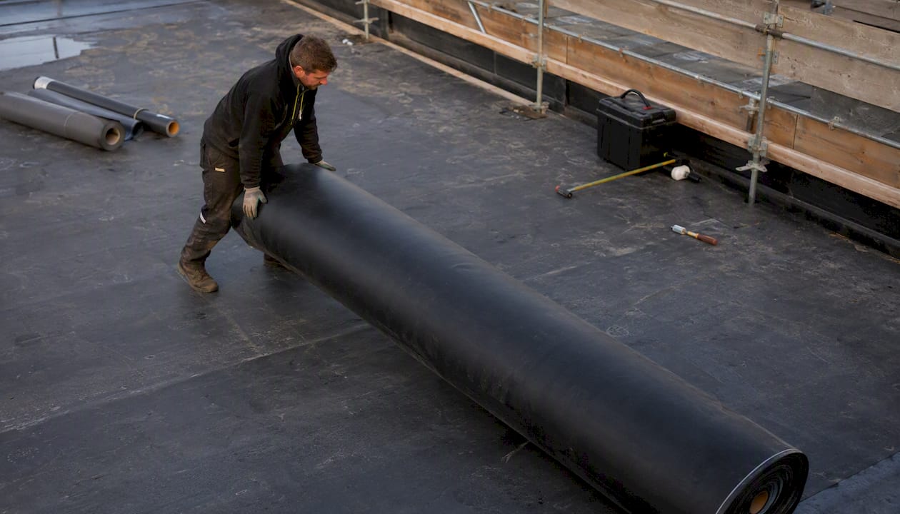 Een medewerker rolt buiten een brede strook EPDM uit.