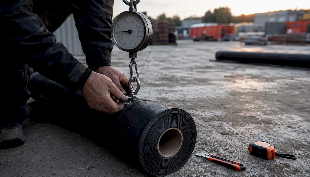 Met een hangweegschaal wordt een rol EPDM gewogen, terwijl iemand deze vasthoudt.