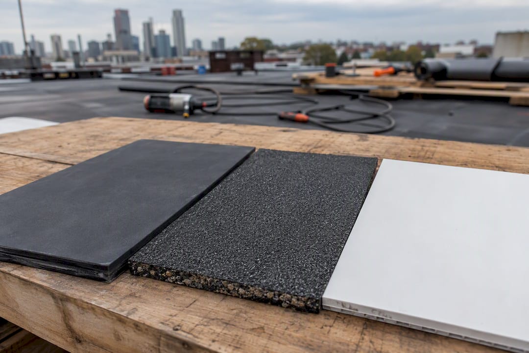 Close-up van EPDM-, bitumen- en PVC-dakbedekkingsmembranen