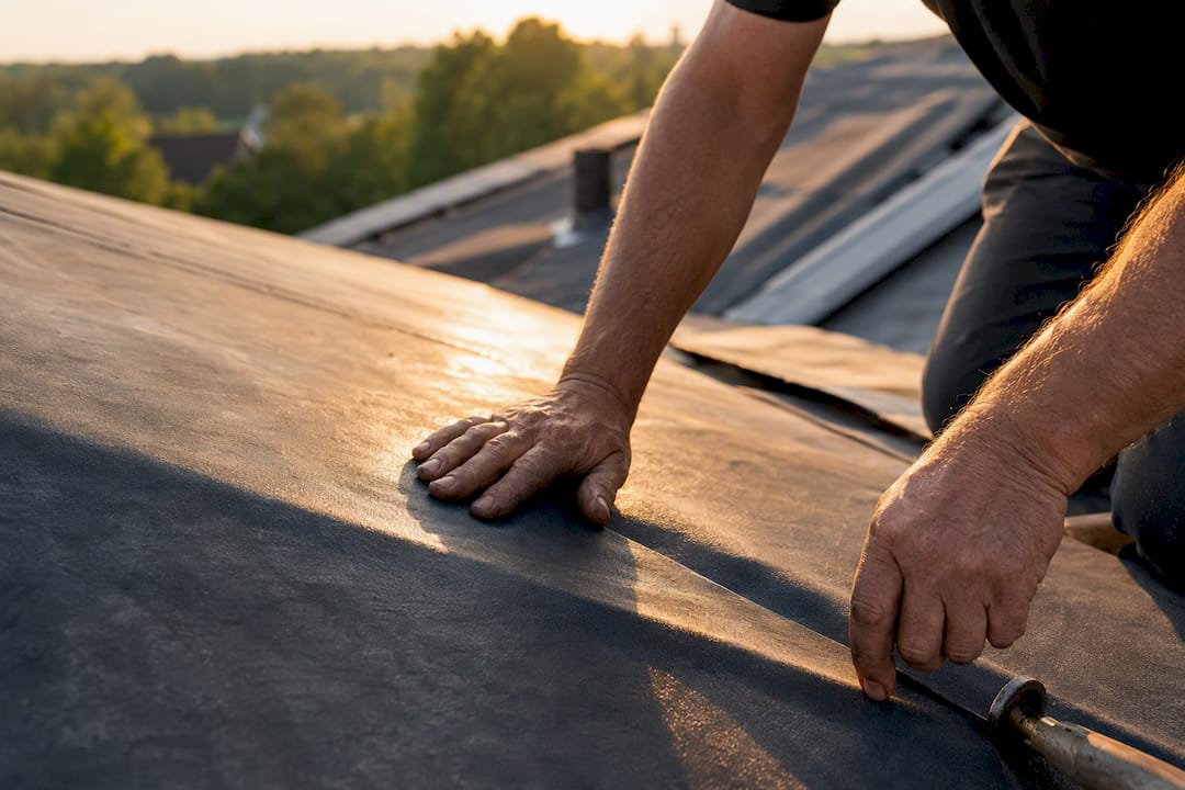 Handen die een EPDM-dakbedekking aanbrengen
