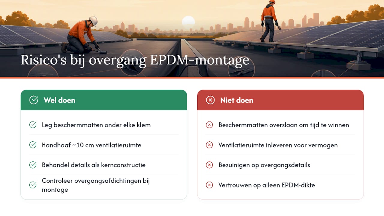 Schema van risico's bij de aansluiting tussen dakvlies en montagesysteem