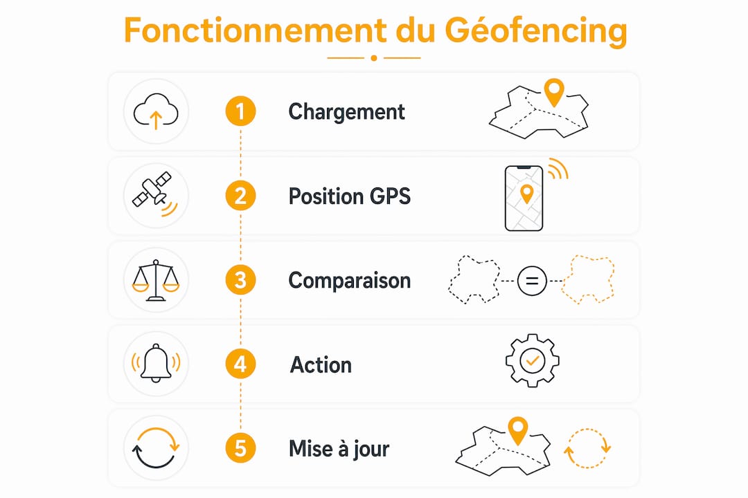 Schéma illustrant les différentes étapes de mise en œuvre du géofencing pour les drones