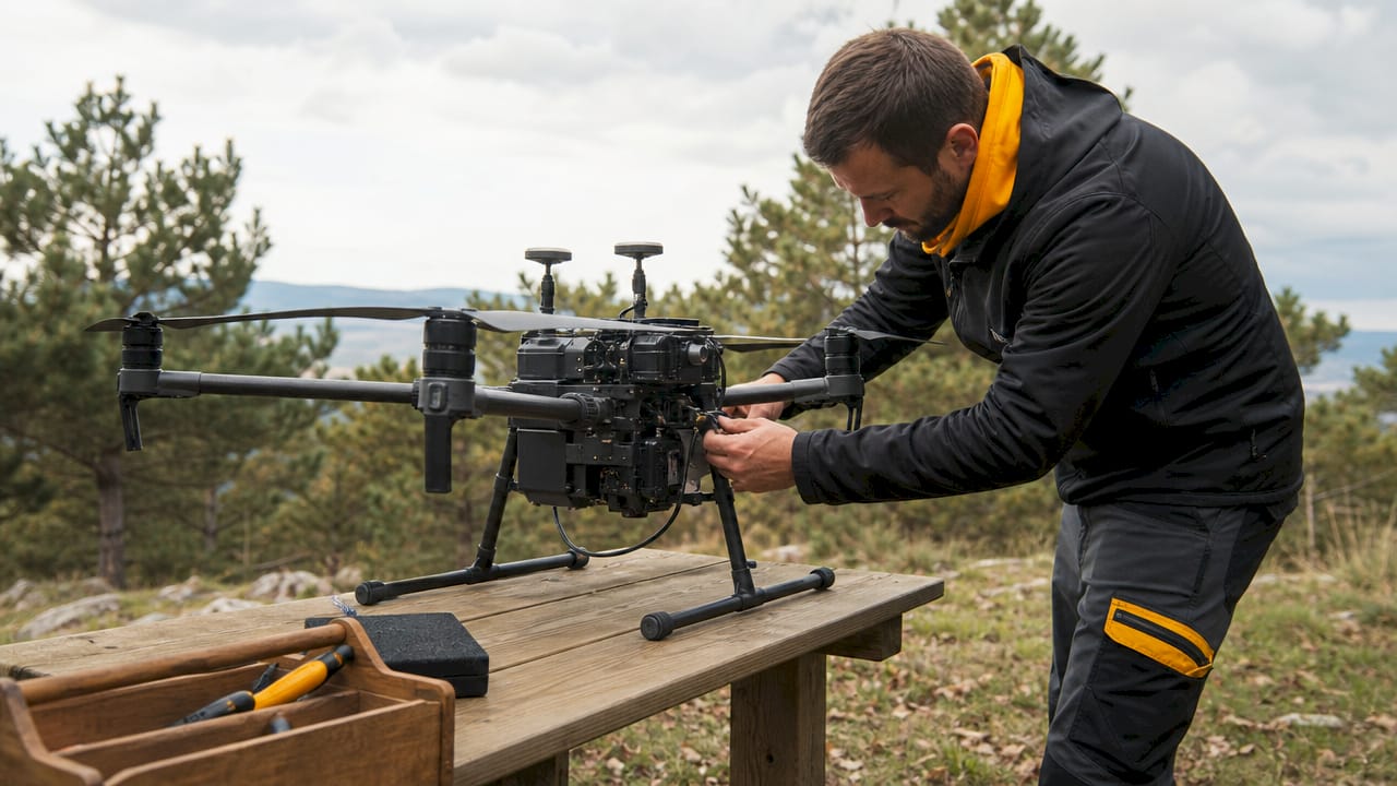 Technicien chargé du réglage des capteurs GPS pour drones en atelier