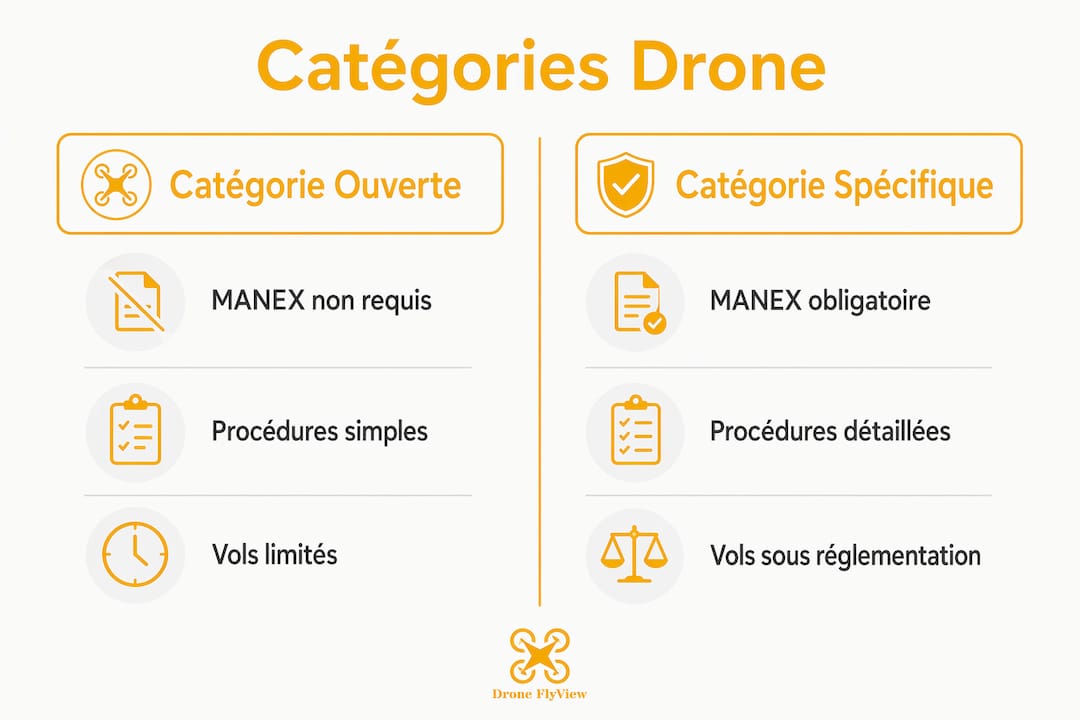Infographie mettant en parallèle les démarches à suivre pour les catégories de drones « ouverte » et « spécifique »