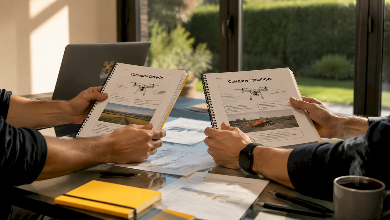 Des mains feuillettent et comparent côte à côte des notices d'utilisation de drones.