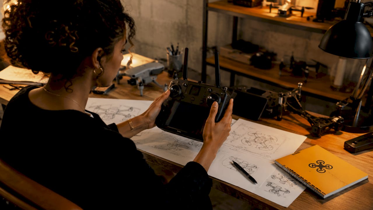 Des mains en train de piloter un drone avec une télécommande, au cœur d'un atelier.