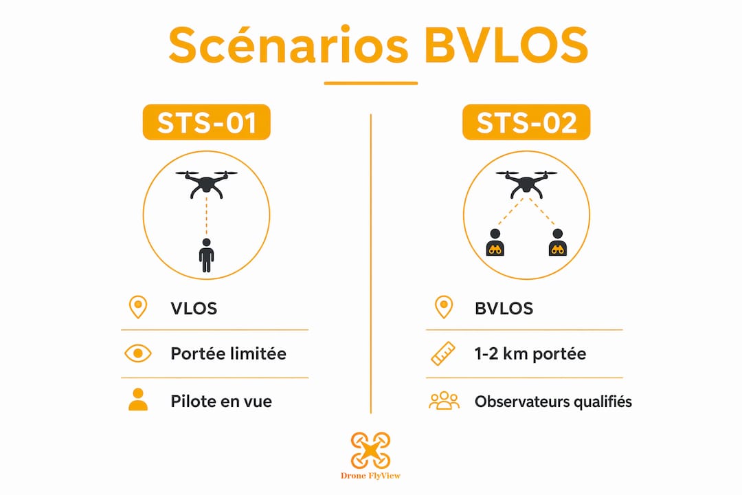 Découvrez notre infographie mettant en parallèle les scénarios BVLOS STS-01 et STS-02, pour mieux comprendre leurs différences et spécificités.