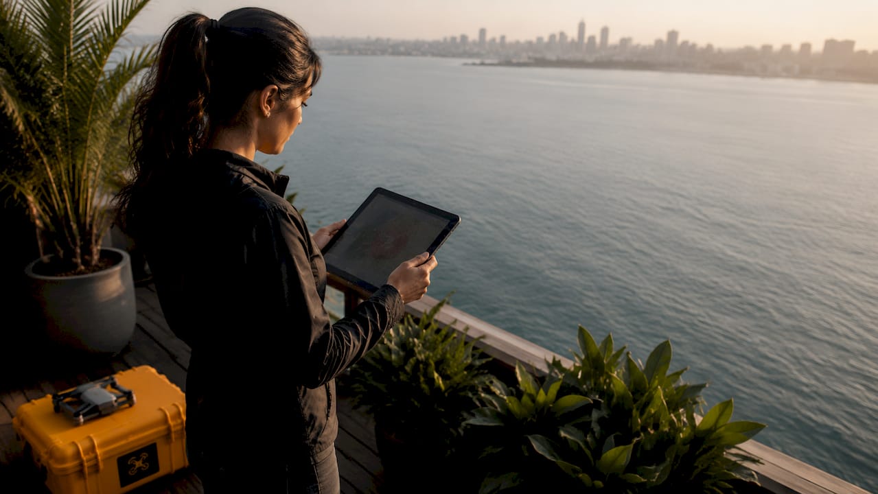 Une femme examine une carte des zones de vol pour drones en plein air.