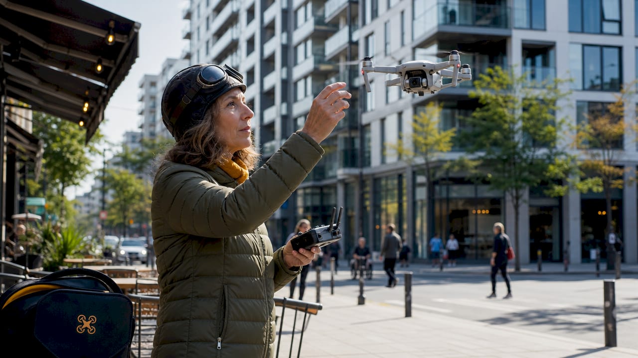 Un pilote de drone manœuvre son appareil au cœur de la ville.