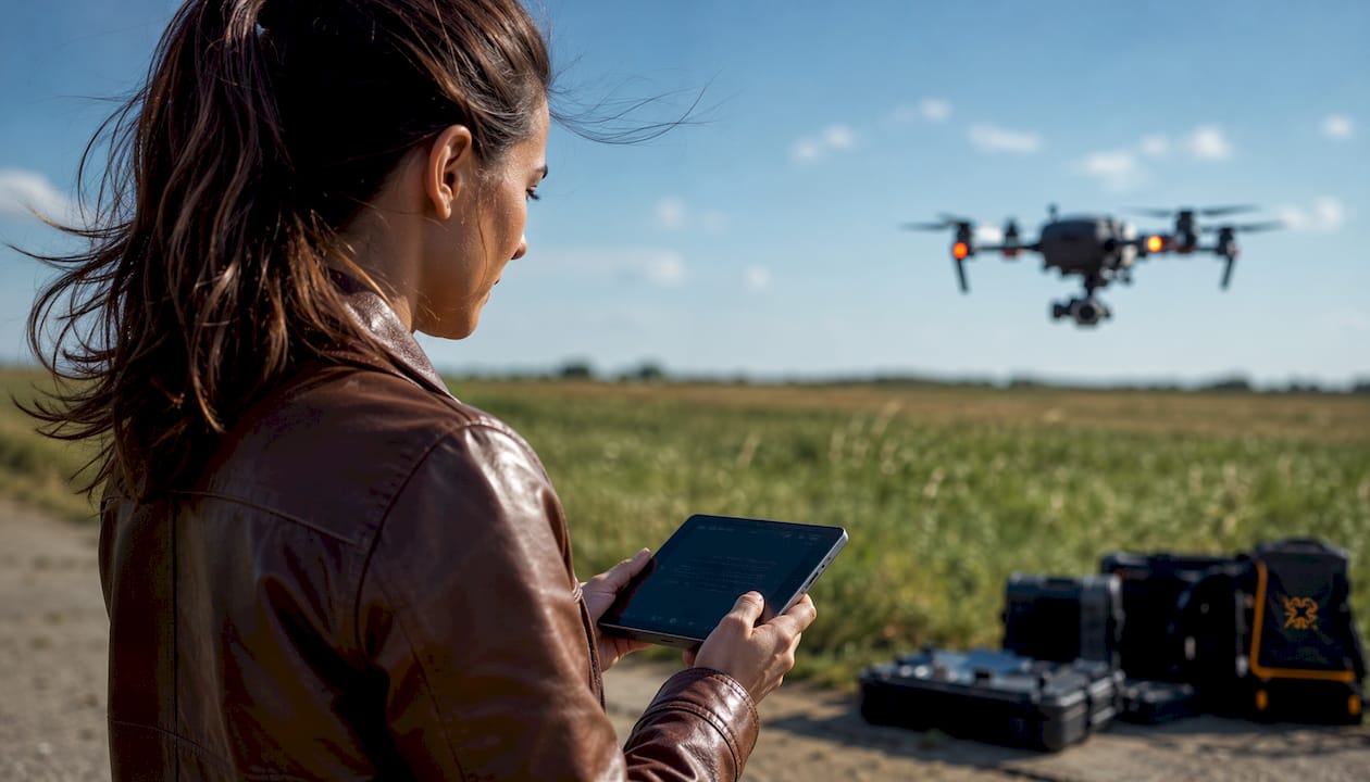 Des mains manipulent une tablette tactile pour préparer une mission de drone en plein air.