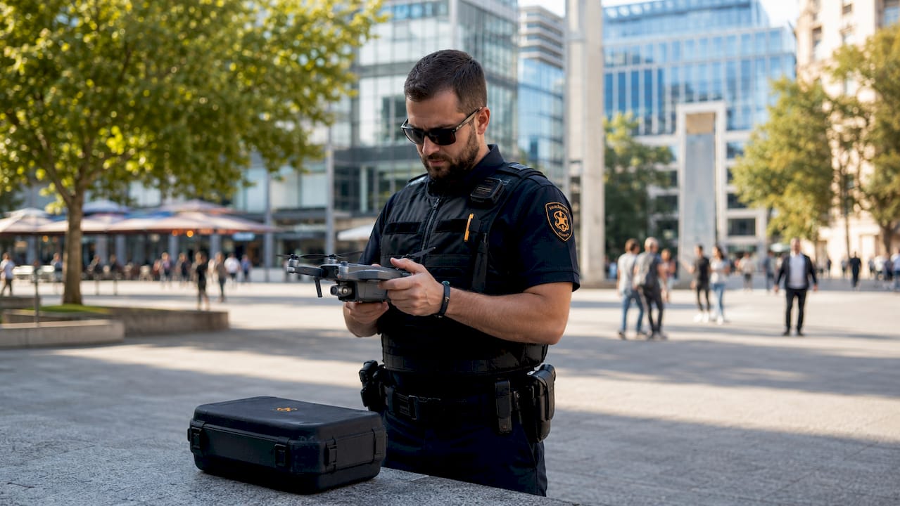 Un policier utilise un drone lors d'un contrôle sur la voie publique.
