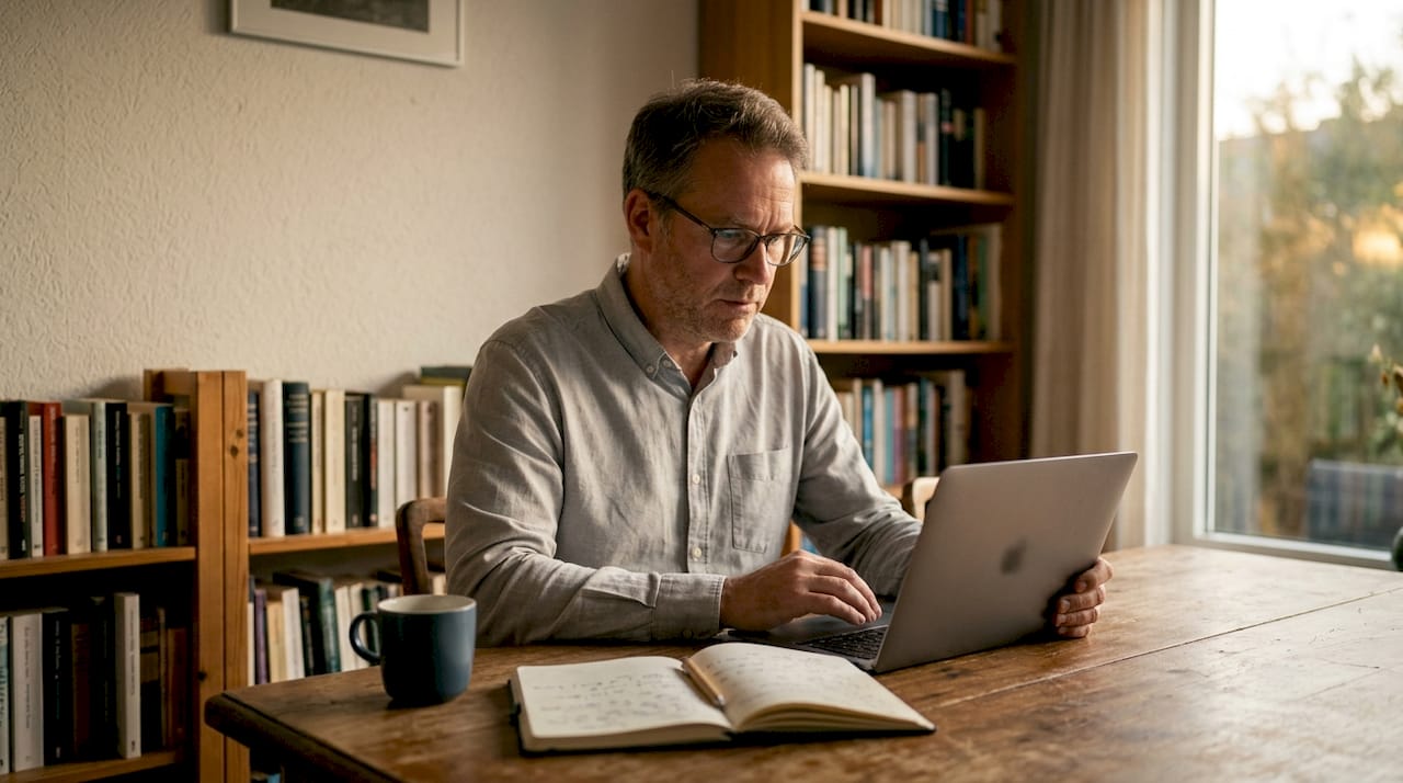 Thuis verdiept een man zich in het Instagram-algoritme terwijl hij op zijn tablet bezig is.