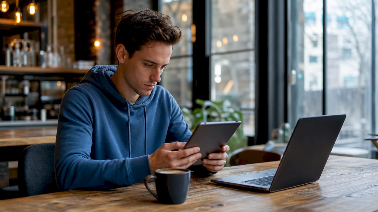 Man bekijkt analyse van social media-posttijden op zijn tablet