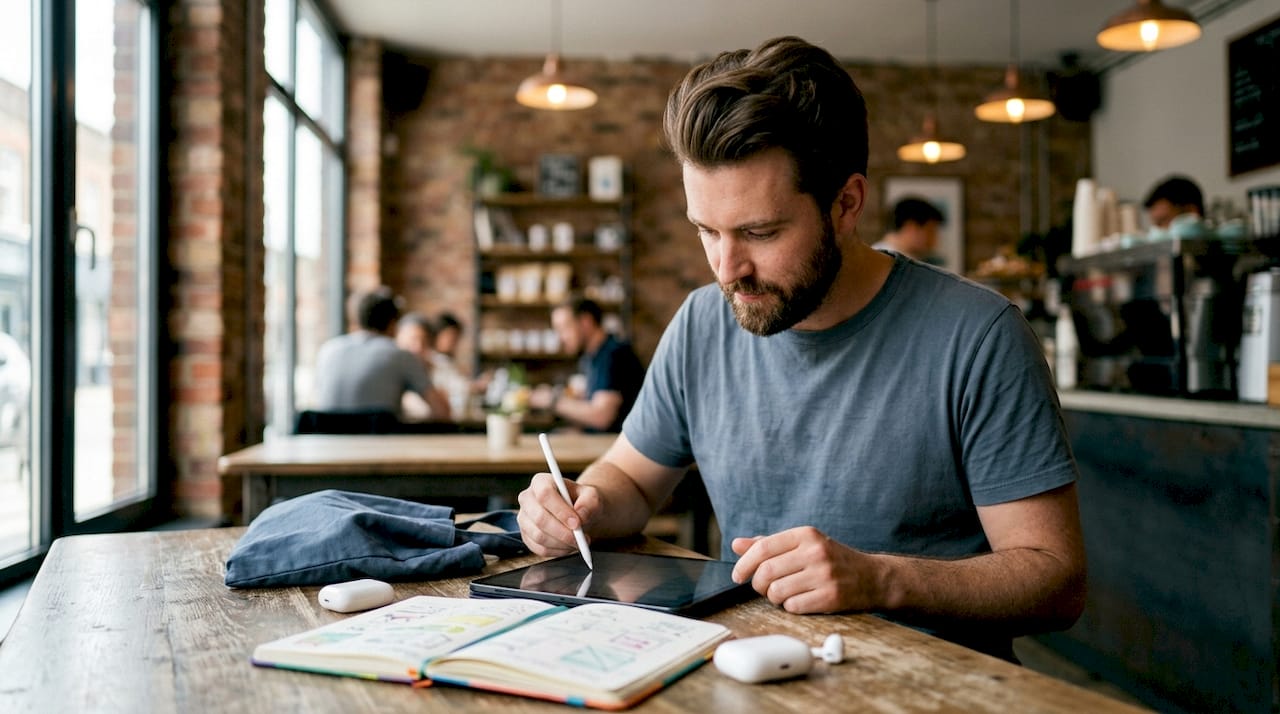 Detailopname van handen die met een stylus op een tablet werken, omringd door contenttools.