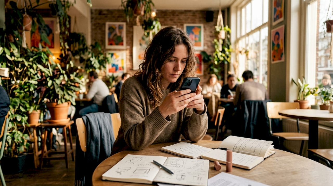 Een paar handen scrollen door Instagram Stories op hun smartphone terwijl ze in een café zitten.