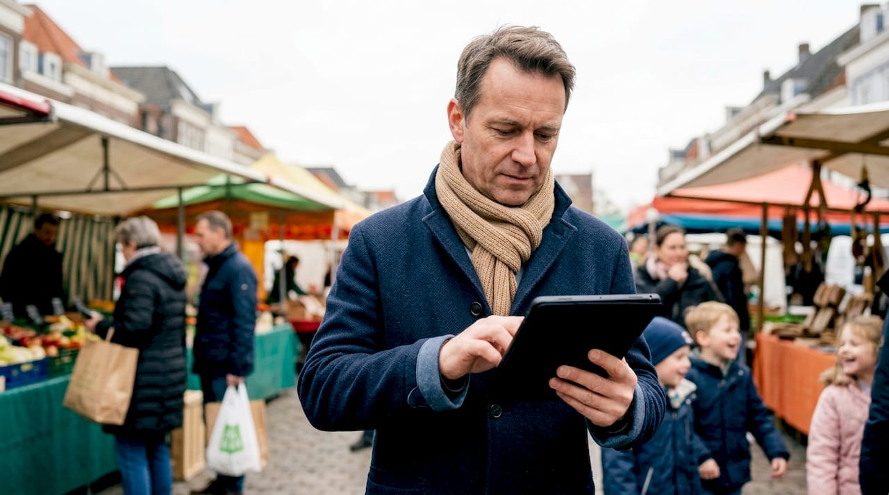 Man zit in het park en gebruikt zijn tablet om iets op te zoeken op social media.