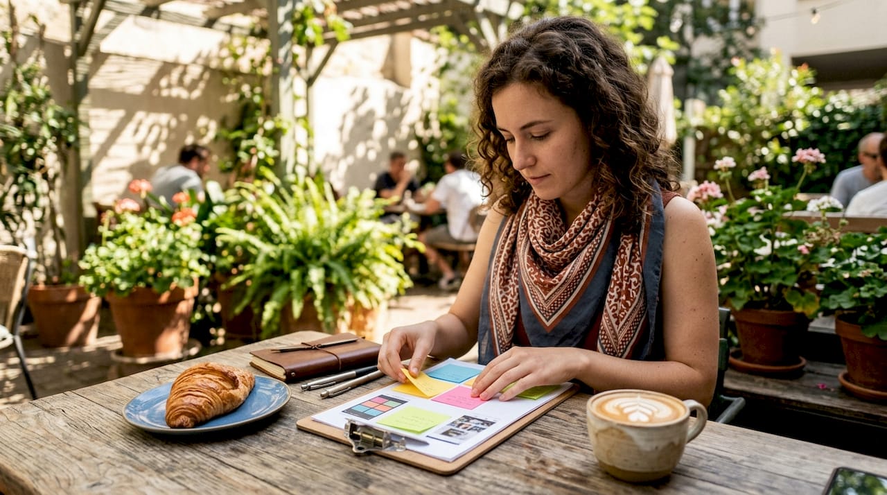 Handen die notities voor een Instagram Reels storyboard ordenen