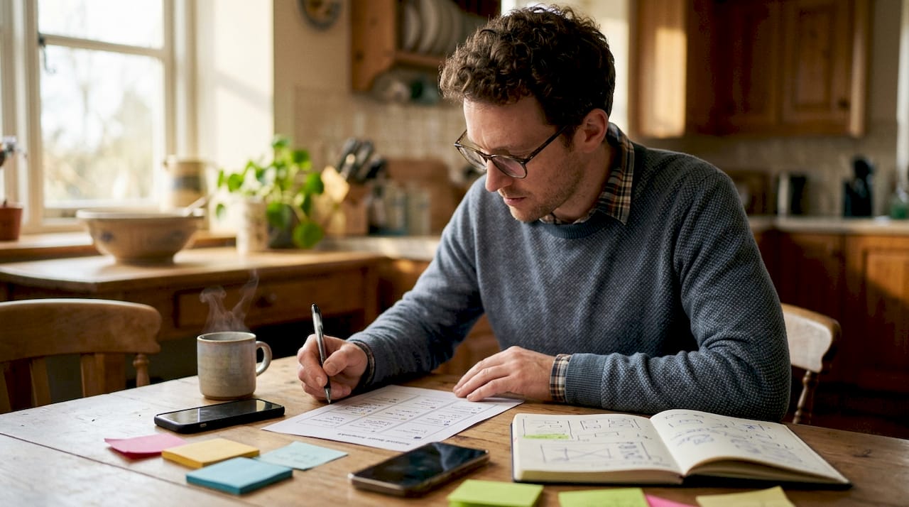 Man zit aan zijn bureau en kijkt nog eens kritisch naar een conceptbericht voor social media.