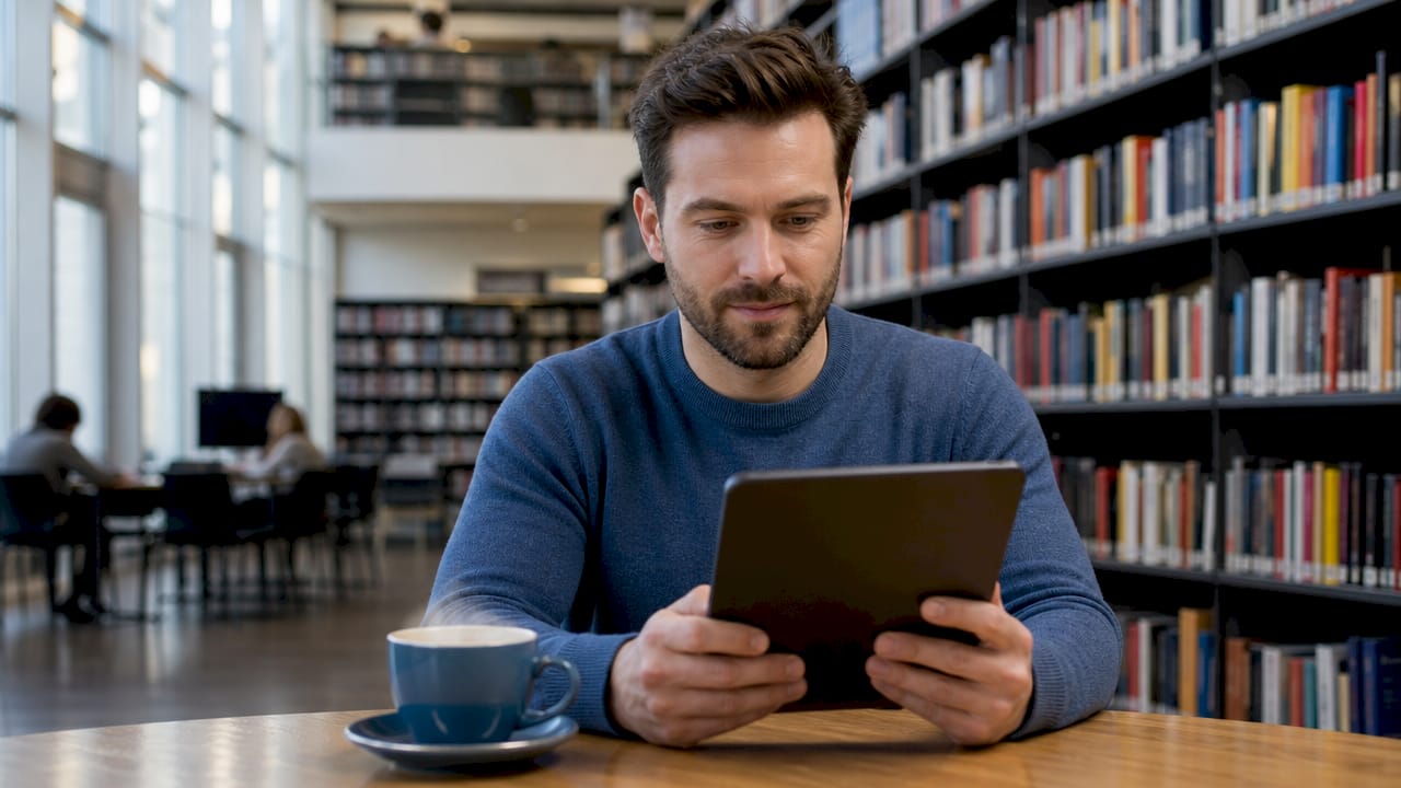 Een man bekijkt en analyseert social media op zijn tablet terwijl hij aan het werk is in een hippe co-working ruimte.