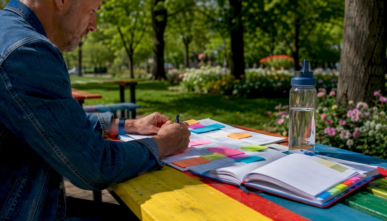 Handen die samen een contentplanning voor social media uitstippelen aan tafel