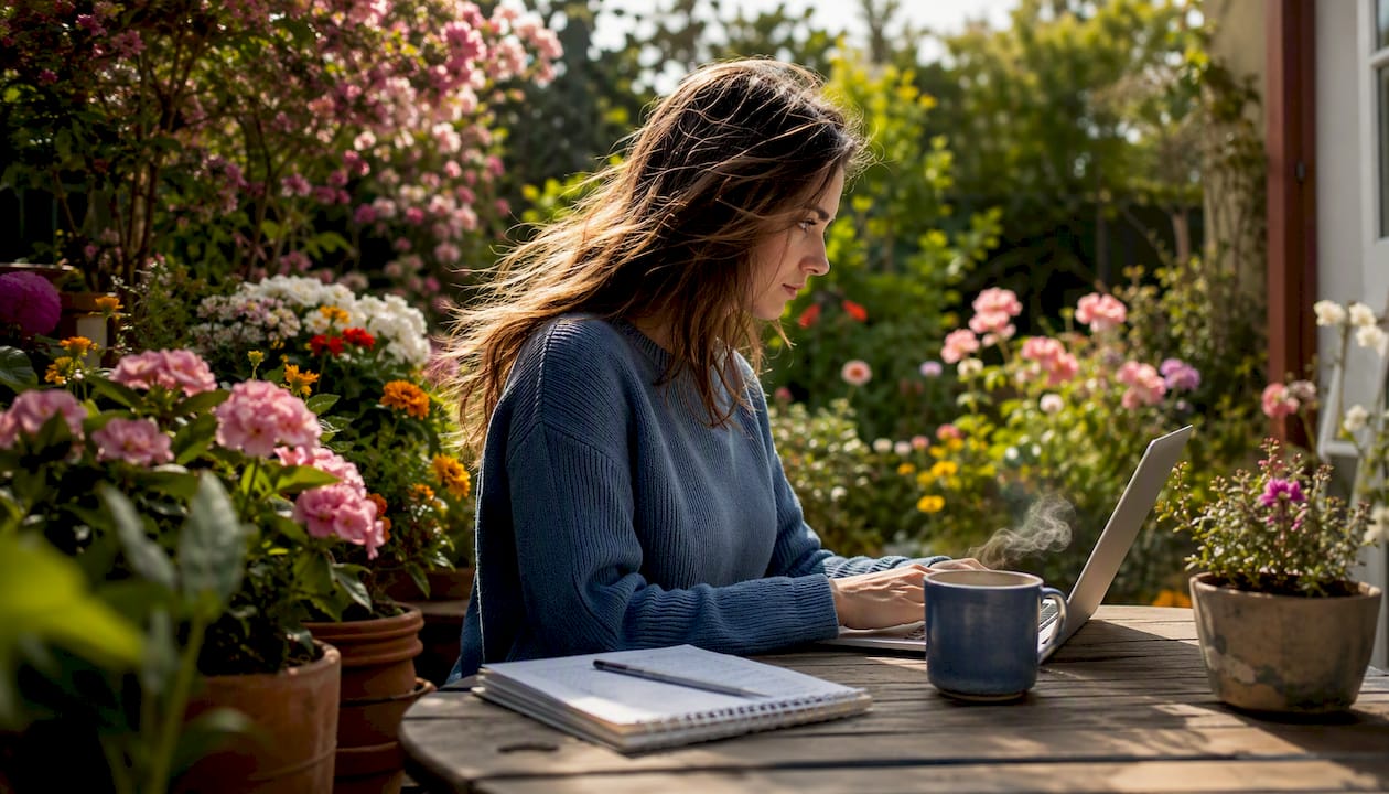 Op het terras is een vrouw druk bezig haar Instagram-account te laten groeien.