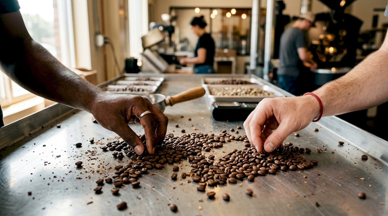 Hands inspecting coffee beans for quality control