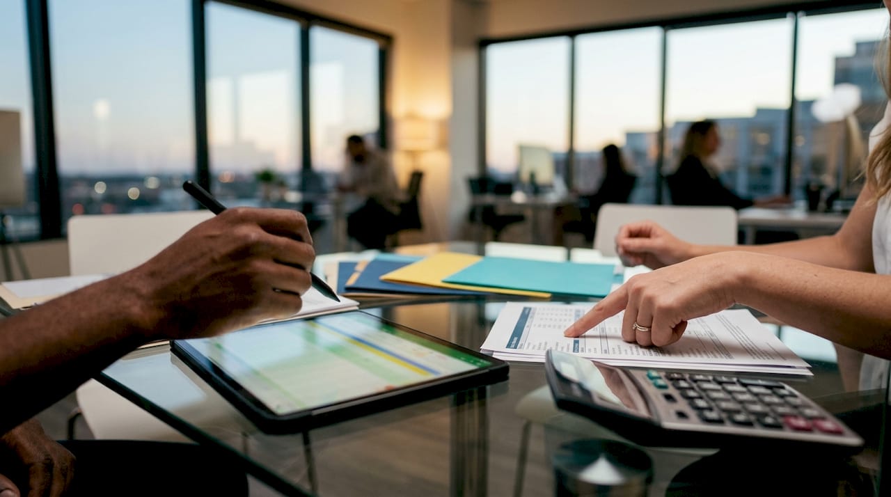 Two people collaborating on real estate spreadsheet