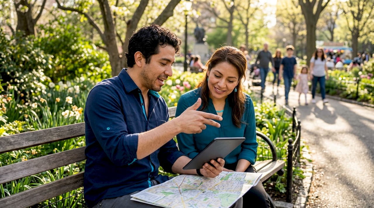 Two agents outdoors discussing neighborhood trends