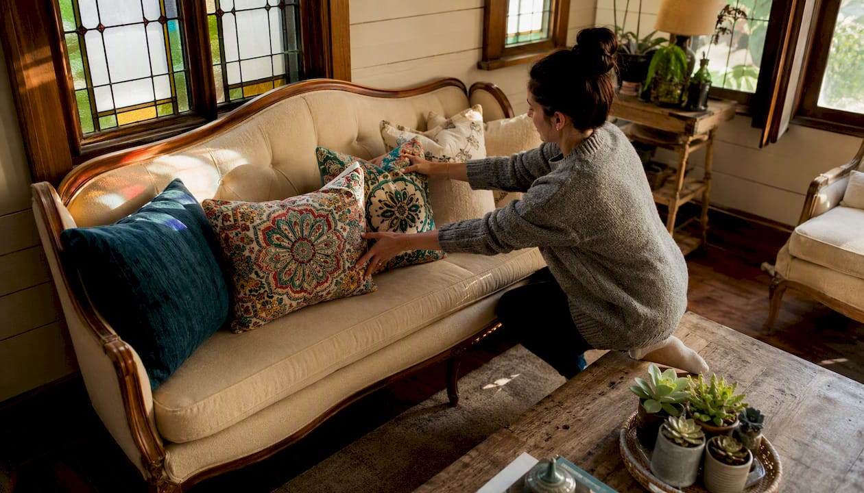 Home stager arranging sofa cushions in living room