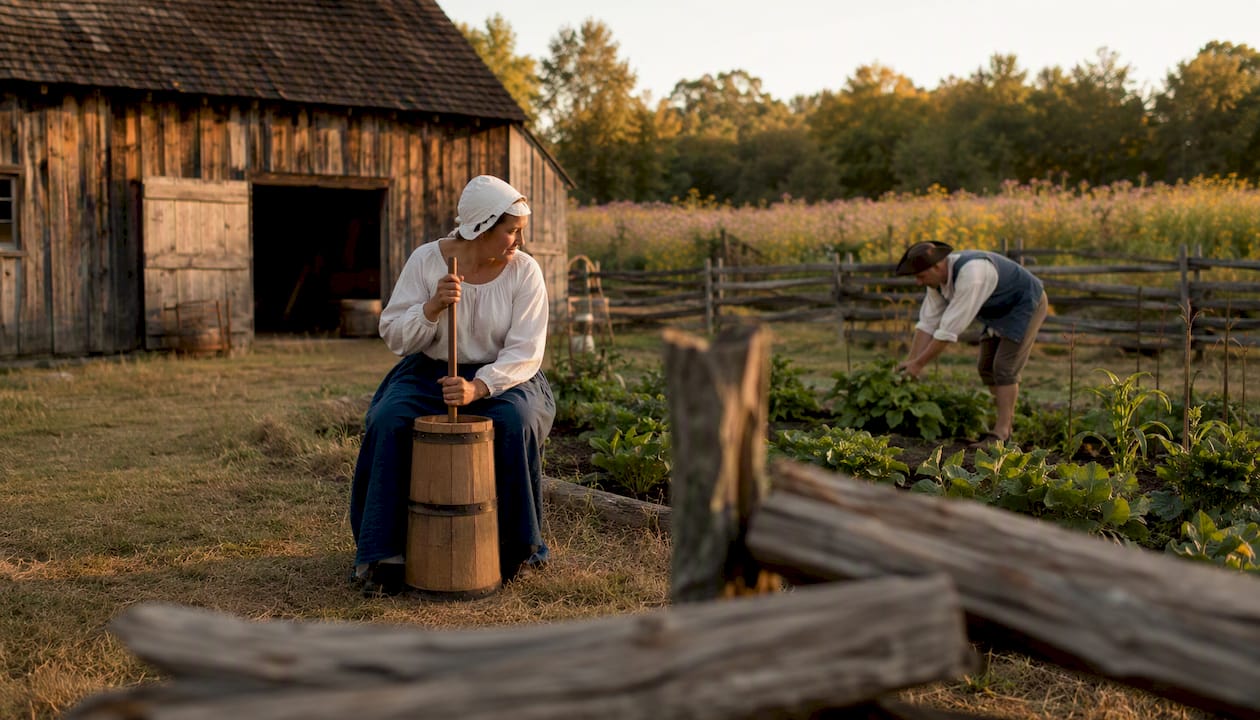 Historic farmstead with reenactor demonstrating chores