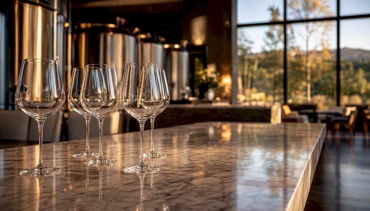 Wine glasses and wooden barrels in winery tasting room