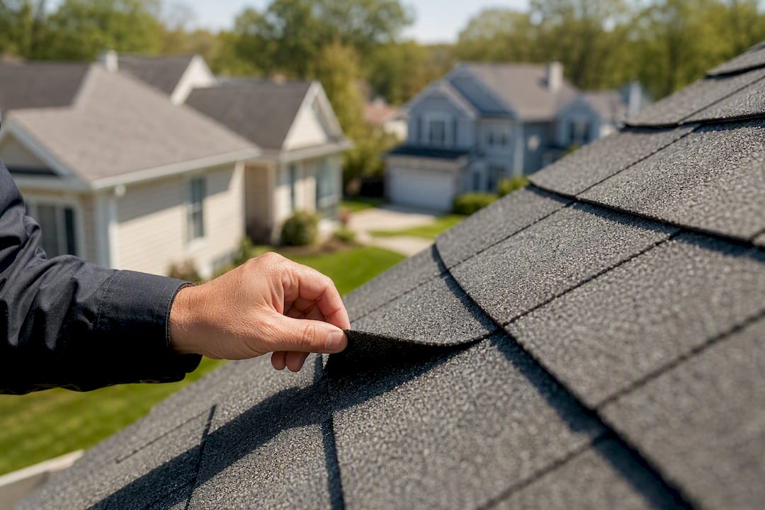 Agent inspecting roof shingle on a home