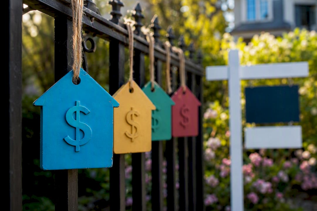 Close-up of generic house price tags hanging