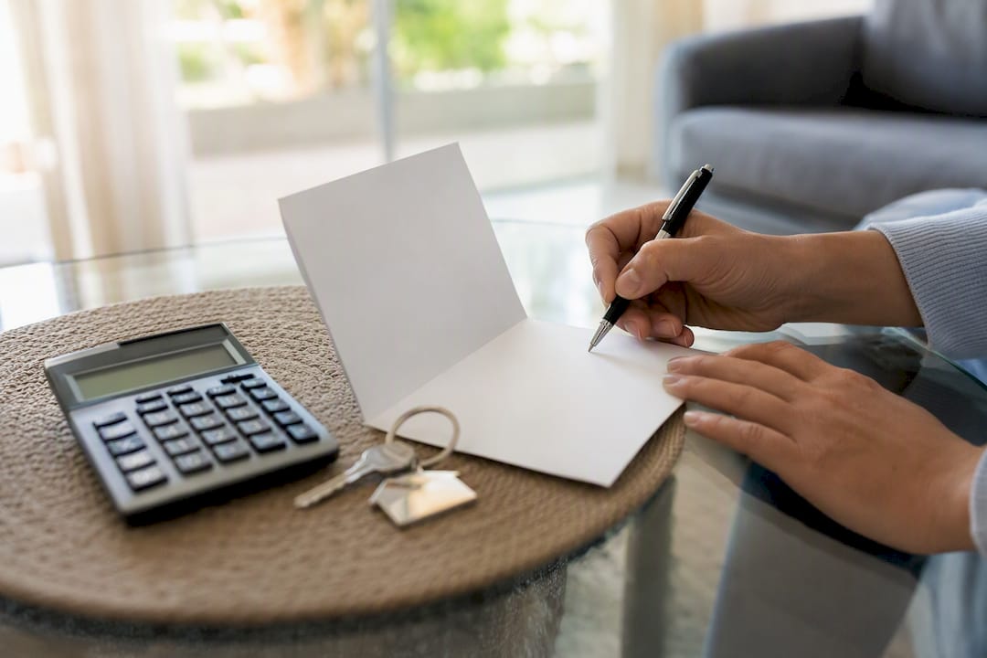 Hands signing document with calculator and house keys