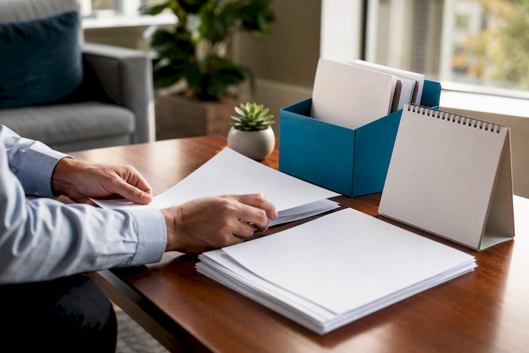 Hand arranging calendar and documents on desk