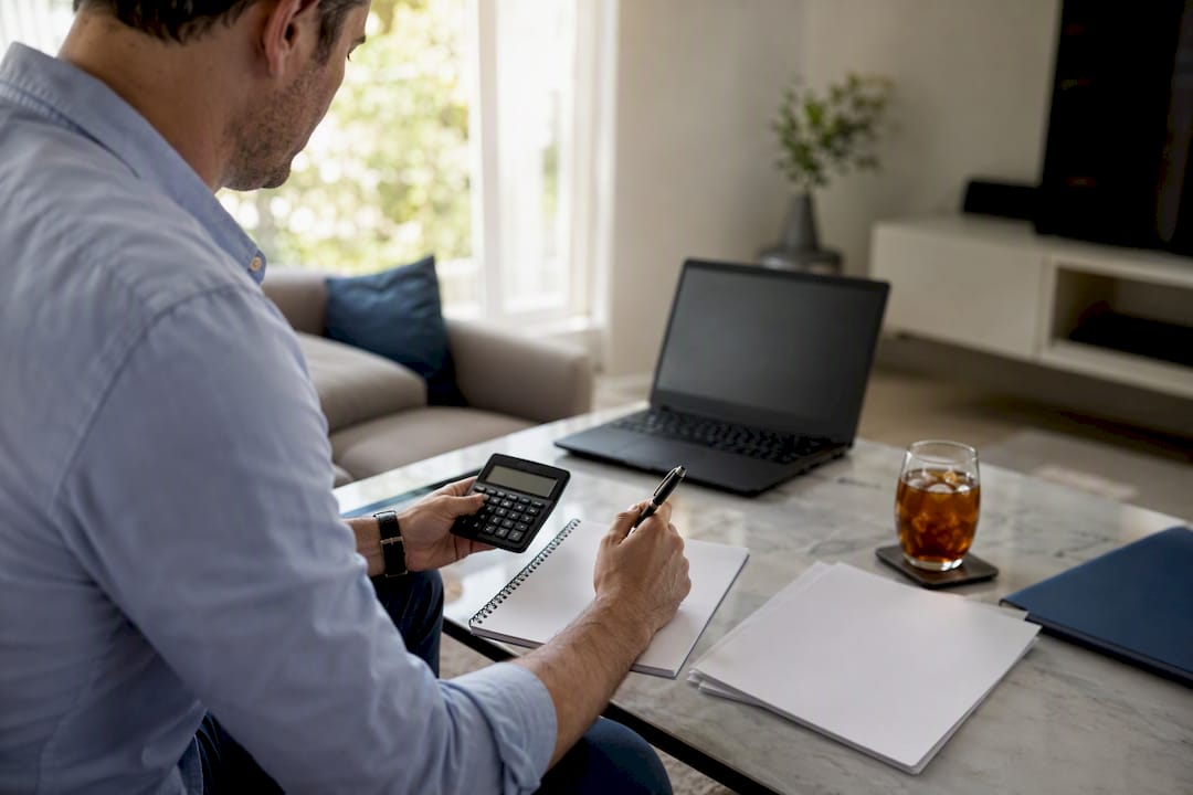 Buyer calculating finances at kitchen counter