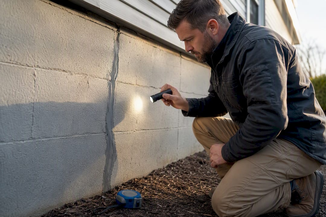 Contractor examining repaired foundation crack