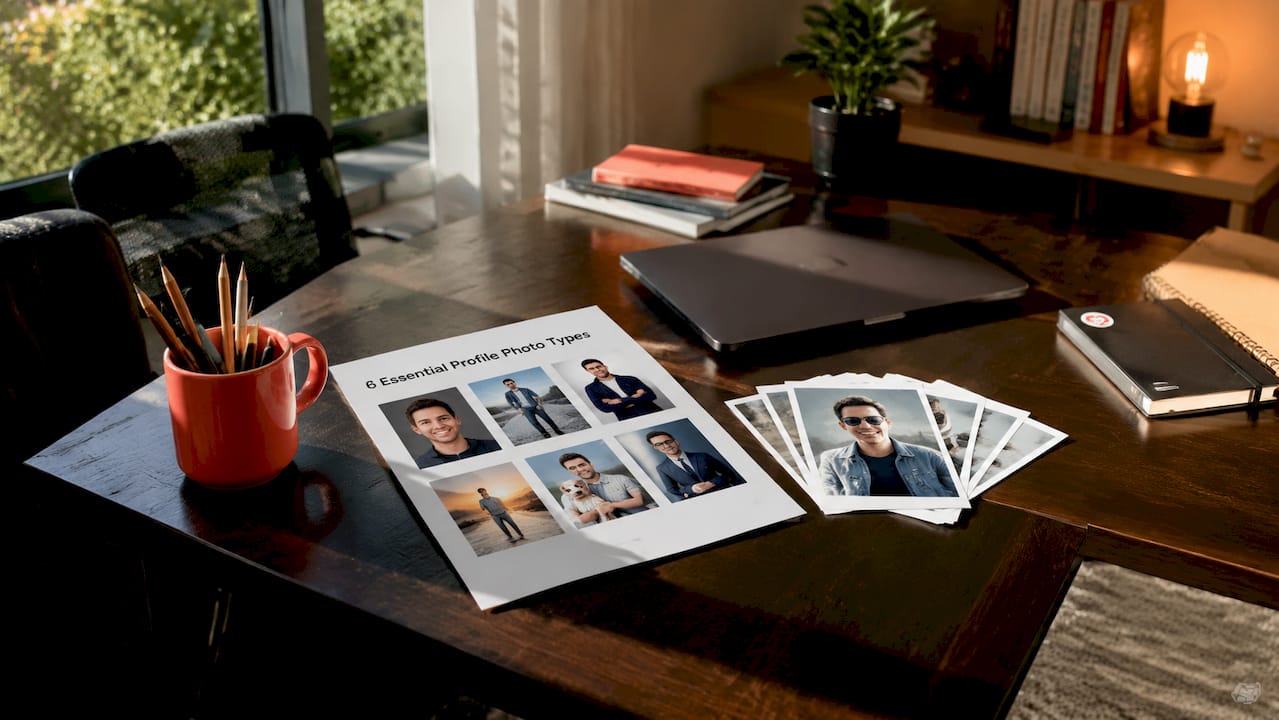 Guide listing six profile photo types on desk