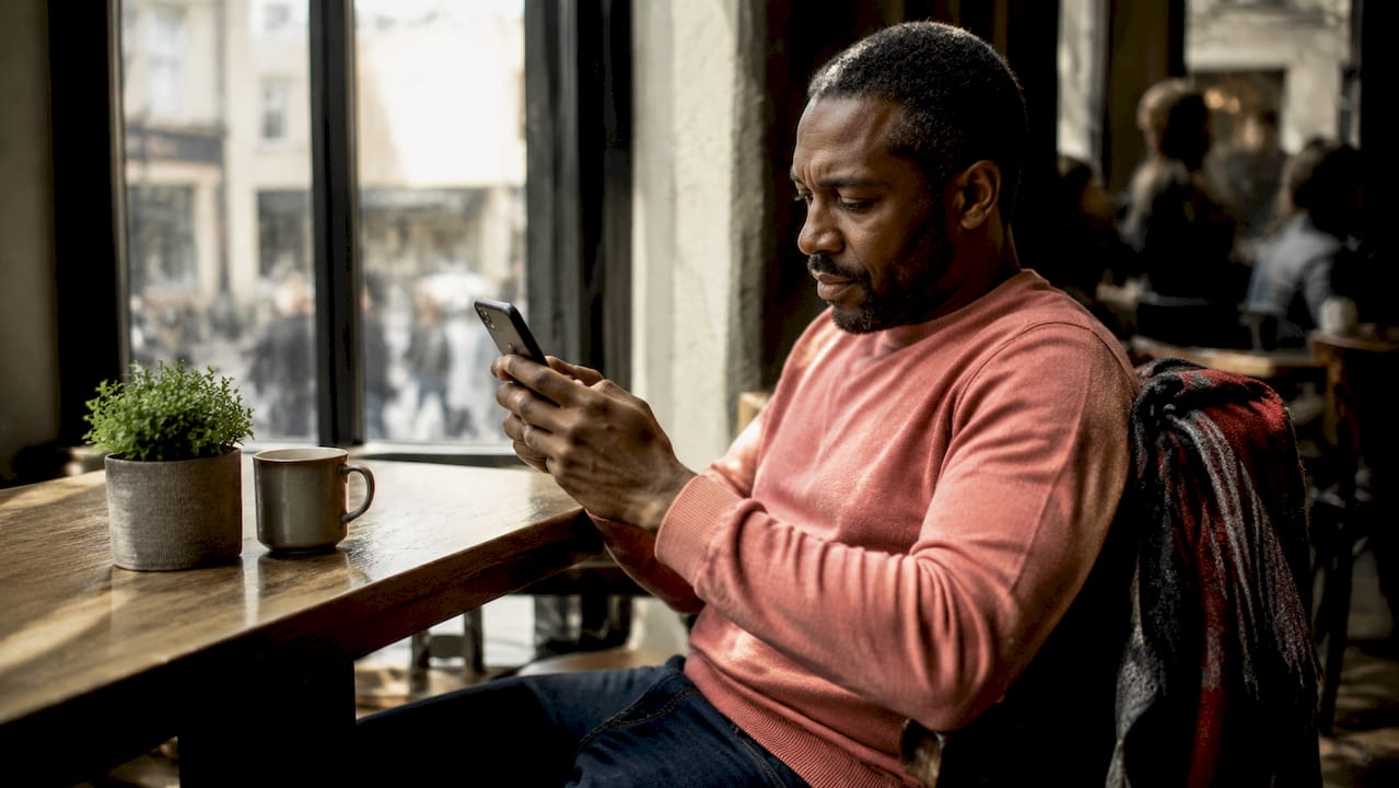 Man looking at photos on smartphone in library