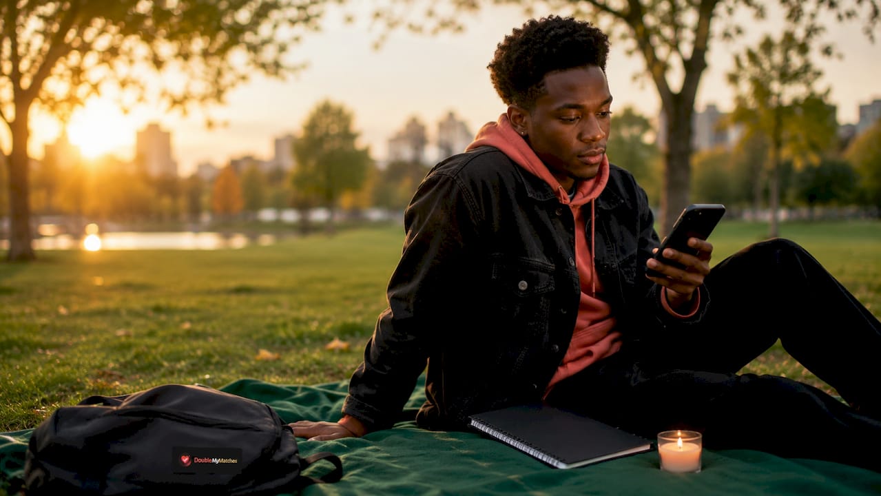 Man checking dating photos outdoors at café table