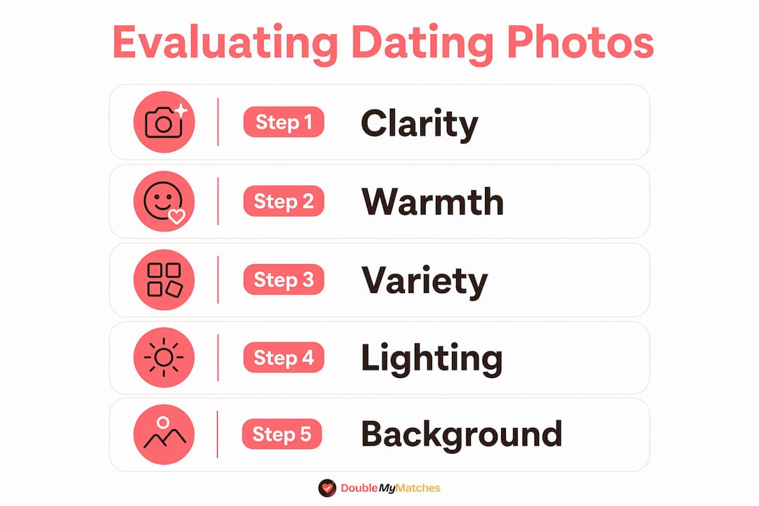 Infographic showing key steps to evaluate dating photos