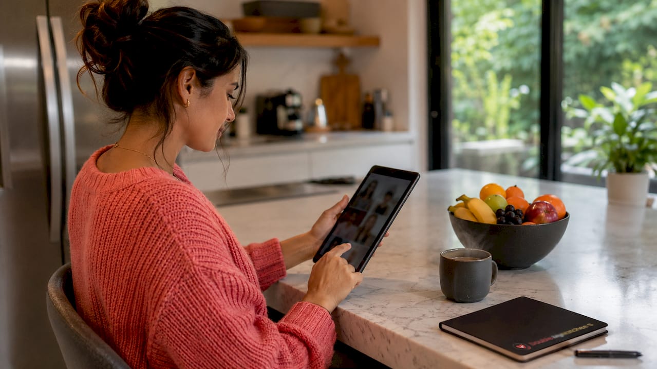 Hands reviewing profile photos on tablet device