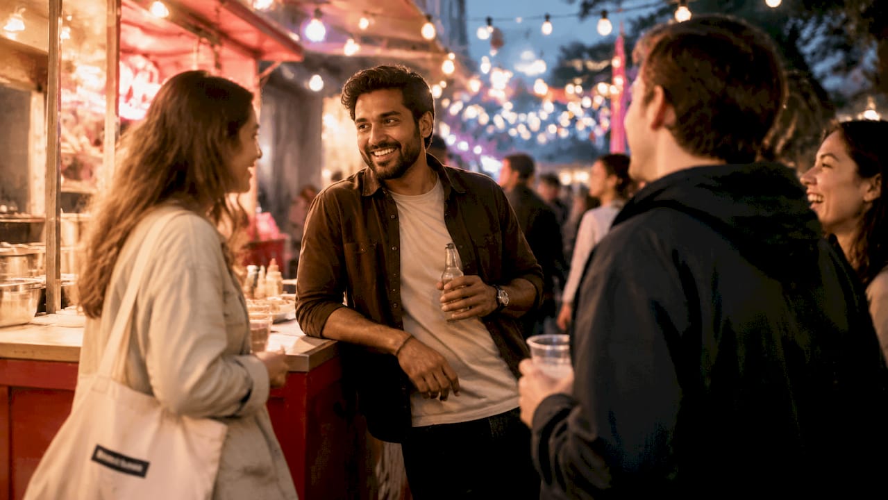 Man enjoying social group at rooftop party