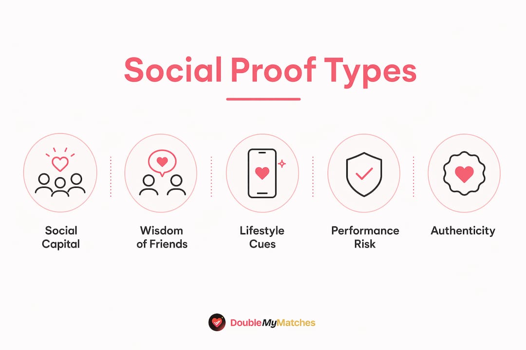Infographic illustrating social proof types in dating